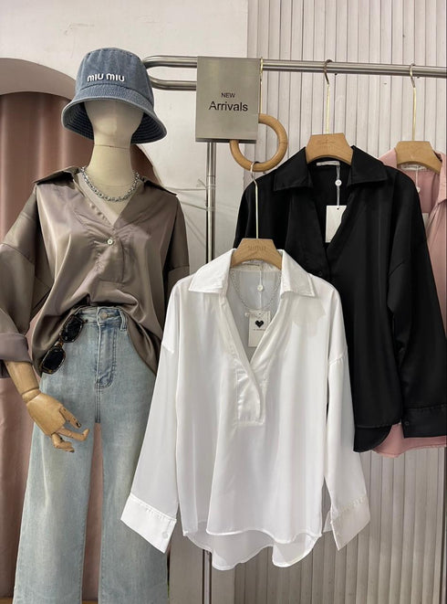 Ladies Collar Down V-Neckline Pullover Shirts